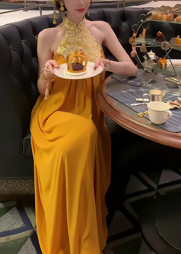 Long Collar Yellow Style Dress Stand Chinese Patchwork Summer