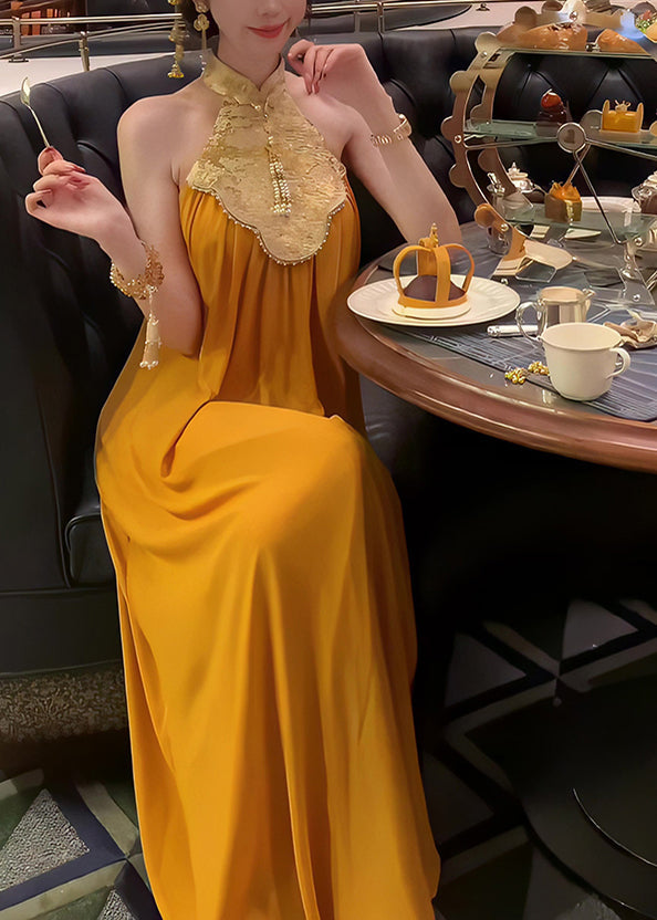 Long Collar Yellow Style Dress Stand Chinese Patchwork Summer