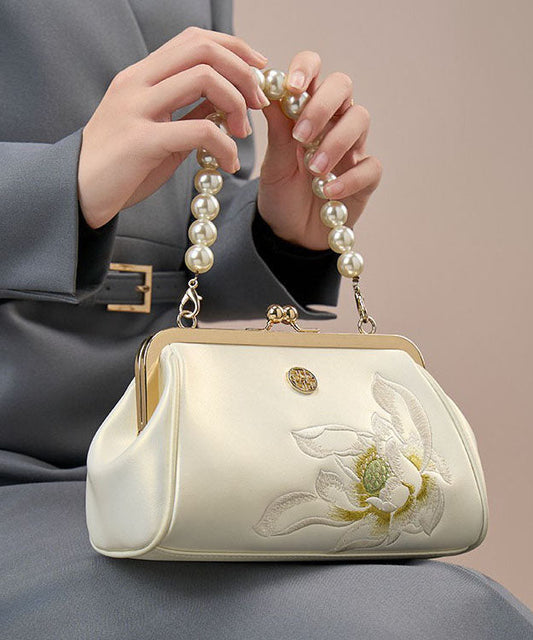 Chinese Cowhide Embroidered Pearl Handbag Crossbody White