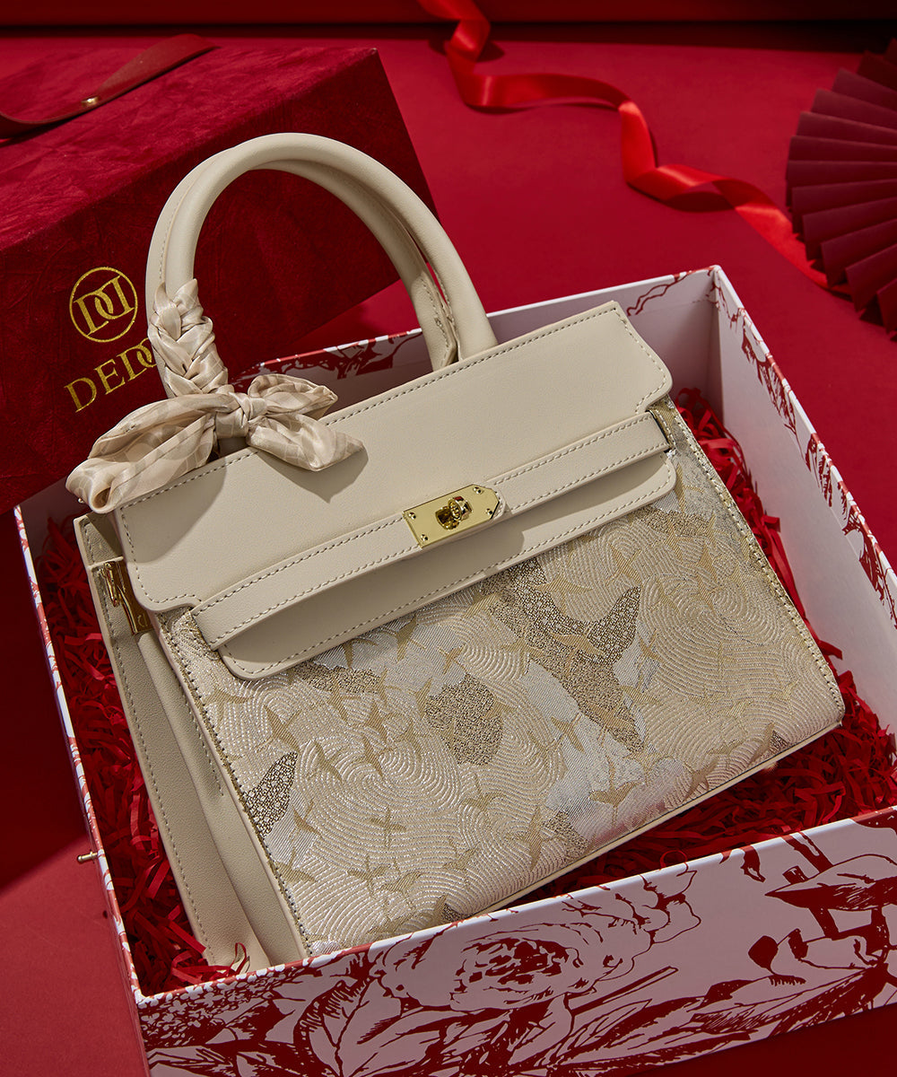 Micro Faux Bag Classy Beige Leather Embroidered