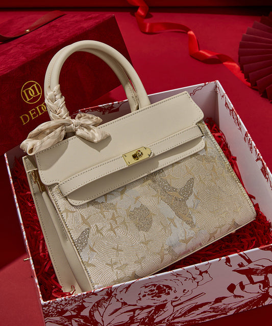 Micro Faux Bag Classy Beige Leather Embroidered