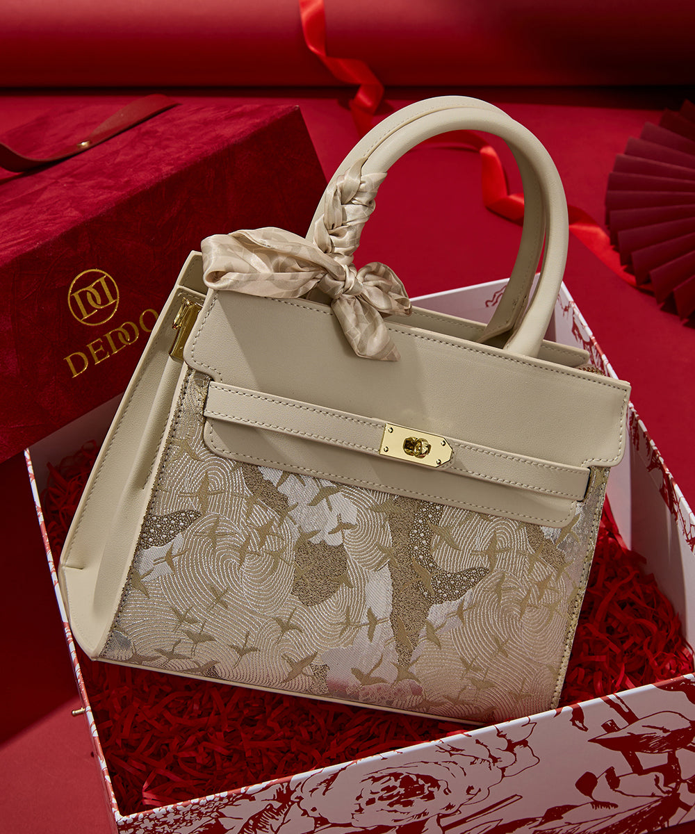 Micro Faux Bag Classy Beige Leather Embroidered