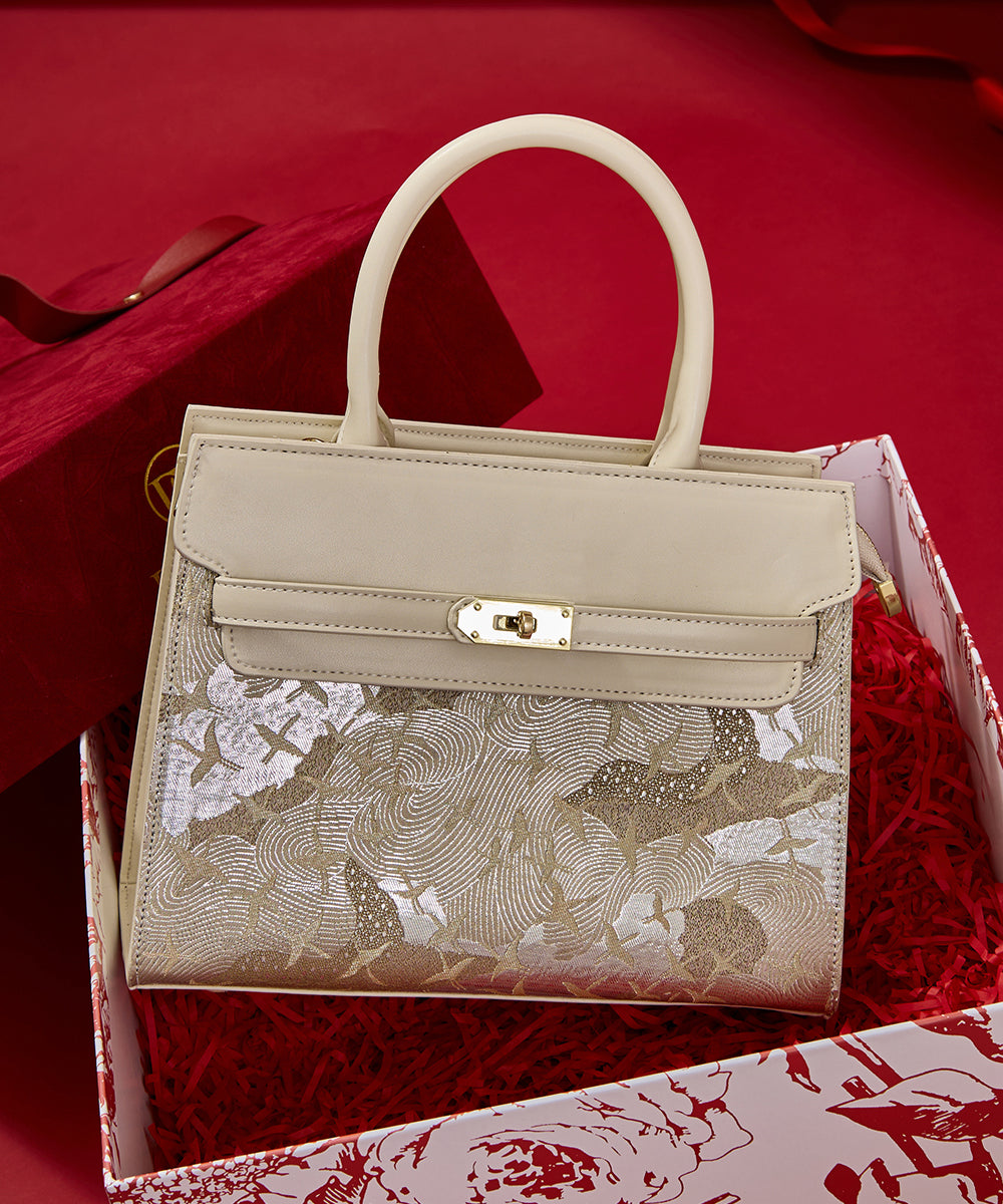 Micro Faux Bag Classy Beige Leather Embroidered