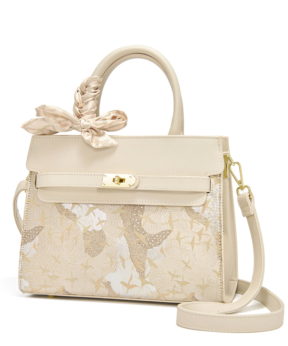 Micro Faux Bag Classy Beige Leather Embroidered