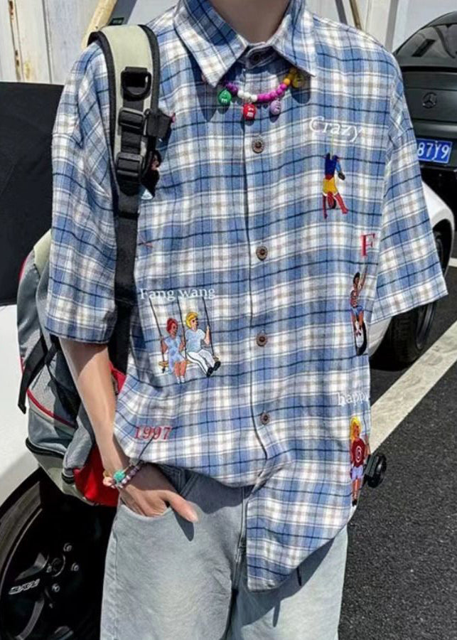 Classy Shirts Blue Plaid Button Cotton Men's Print Half Sleeve