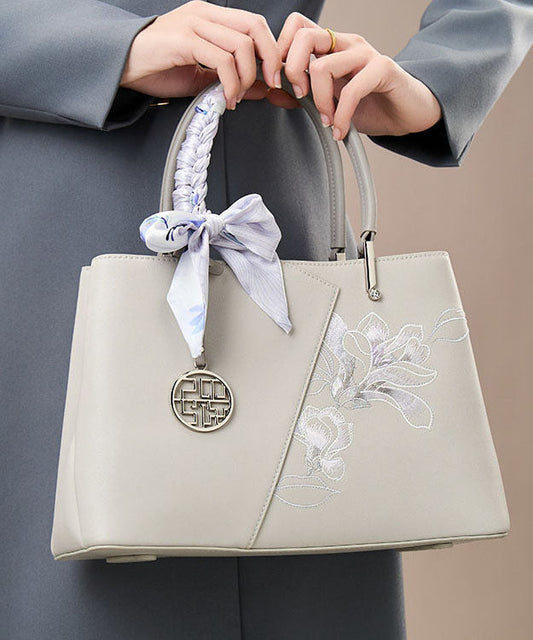 Bag Classy Leather Tote Embroidery Calf Grey