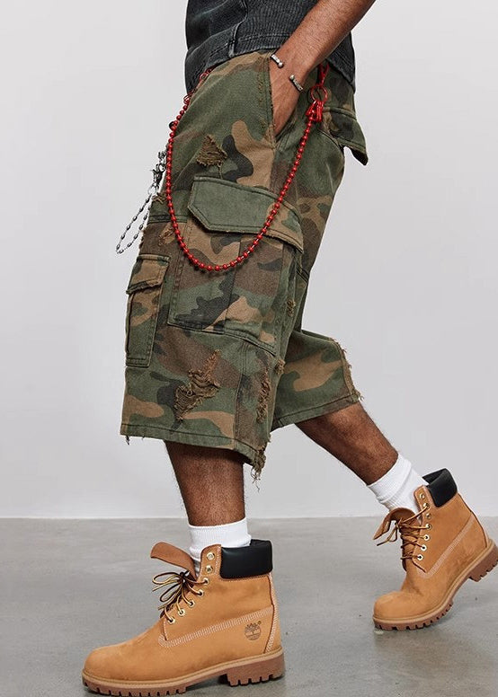 Cotton Hole Waist Crop Pants Camouflage Cool High Pockets Mens Summer