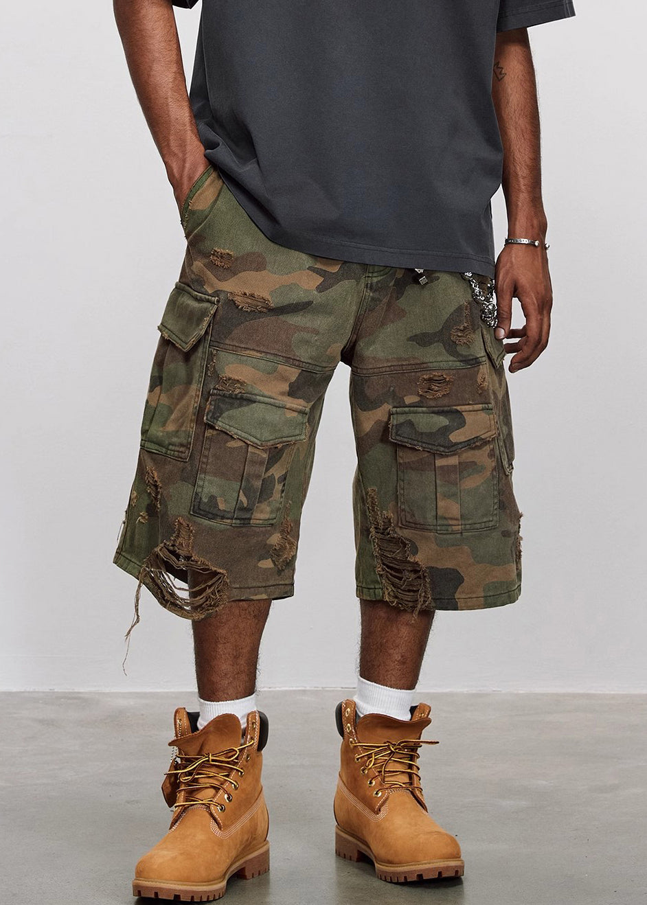 Cotton Hole Waist Crop Pants Camouflage Cool High Pockets Mens Summer