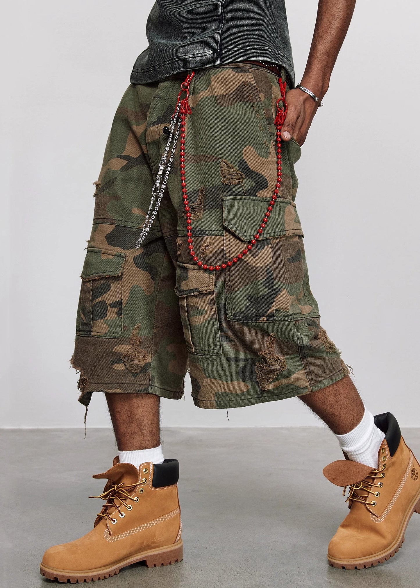 Cotton Hole Waist Crop Pants Camouflage Cool High Pockets Mens Summer