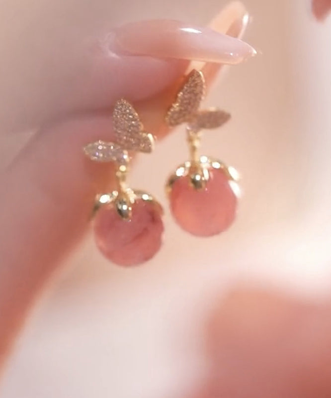 Cat Alloy Eye Butterfly Earrings Stone Pink Stud Cute Zircon