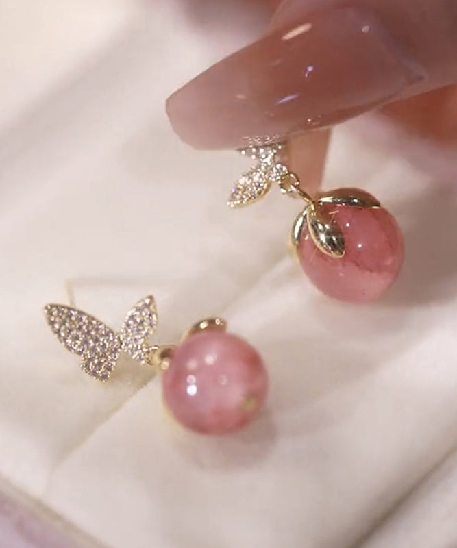 Cat Alloy Eye Butterfly Earrings Stone Pink Stud Cute Zircon