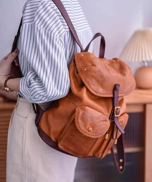 Backpack Capacity DIY Large Pockets Leather Bag Yellow