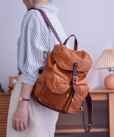 Backpack Capacity DIY Large Pockets Leather Bag Yellow