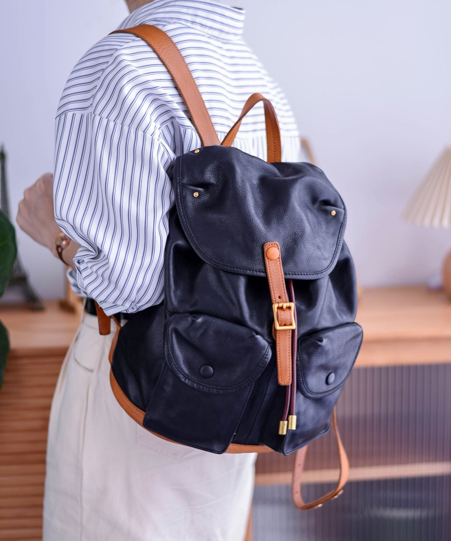 Backpack Capacity DIY Large Pockets Leather Bag Yellow