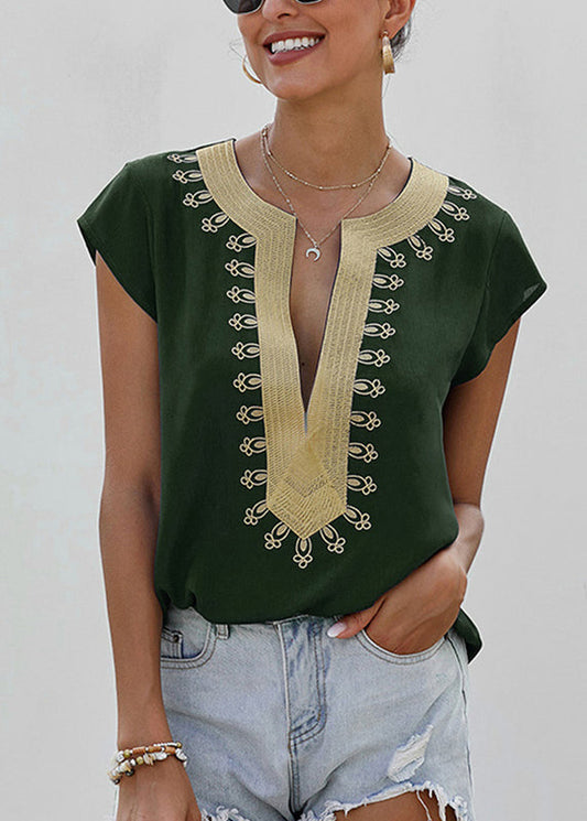 Elegant Summer Patchwork Shirts Neck V Green