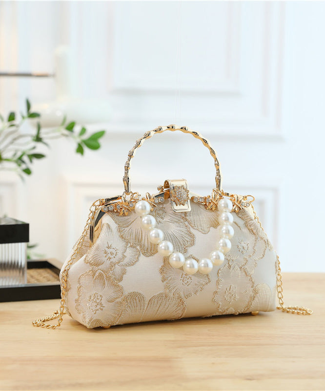 Zircon Elegant Handbag Tote Khaki Pearl Satin