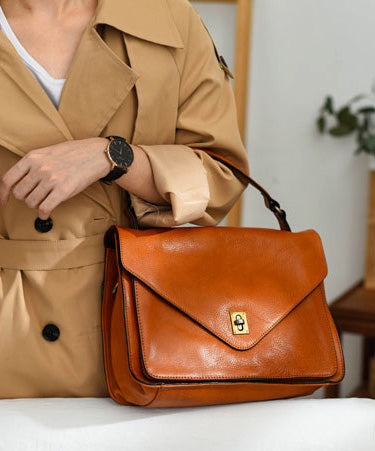 Tote Orange Leather Solid Handbag Durable Elegant