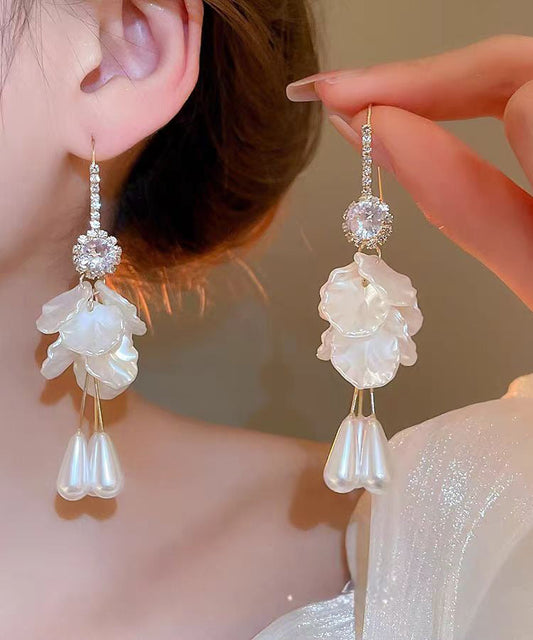 Tassel Drop Copper Zircon Pearl Acrylic Earrings Elegant Shell White