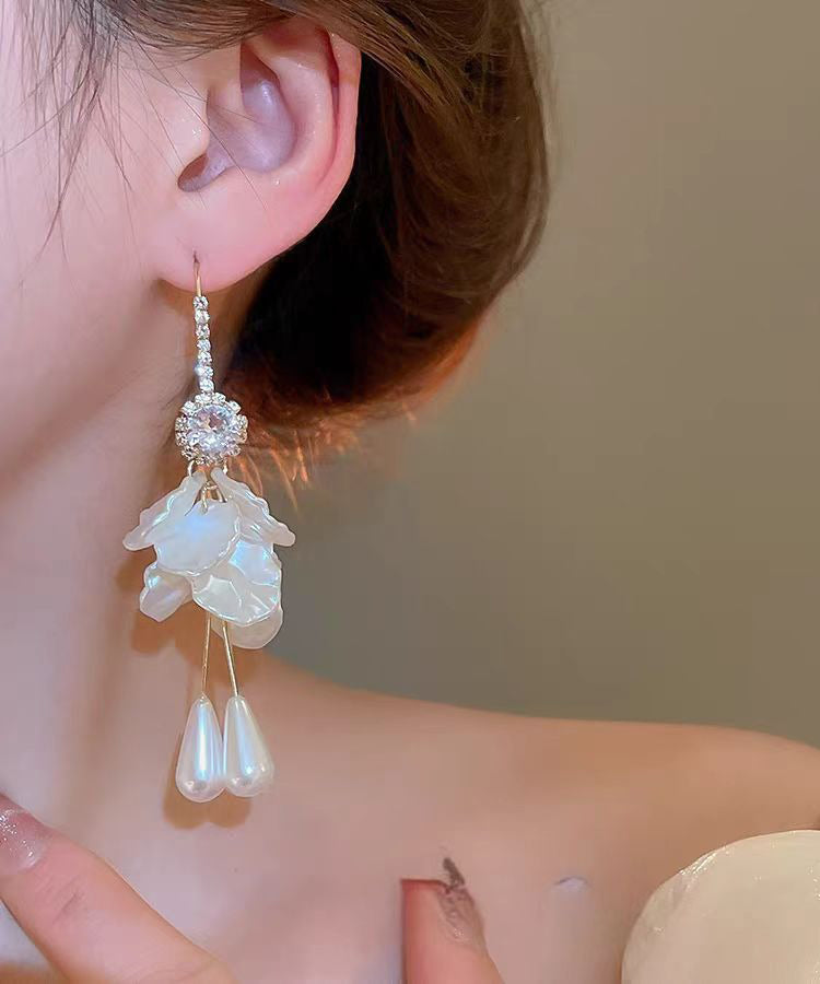 Tassel Drop Copper Zircon Pearl Acrylic Earrings Elegant Shell White