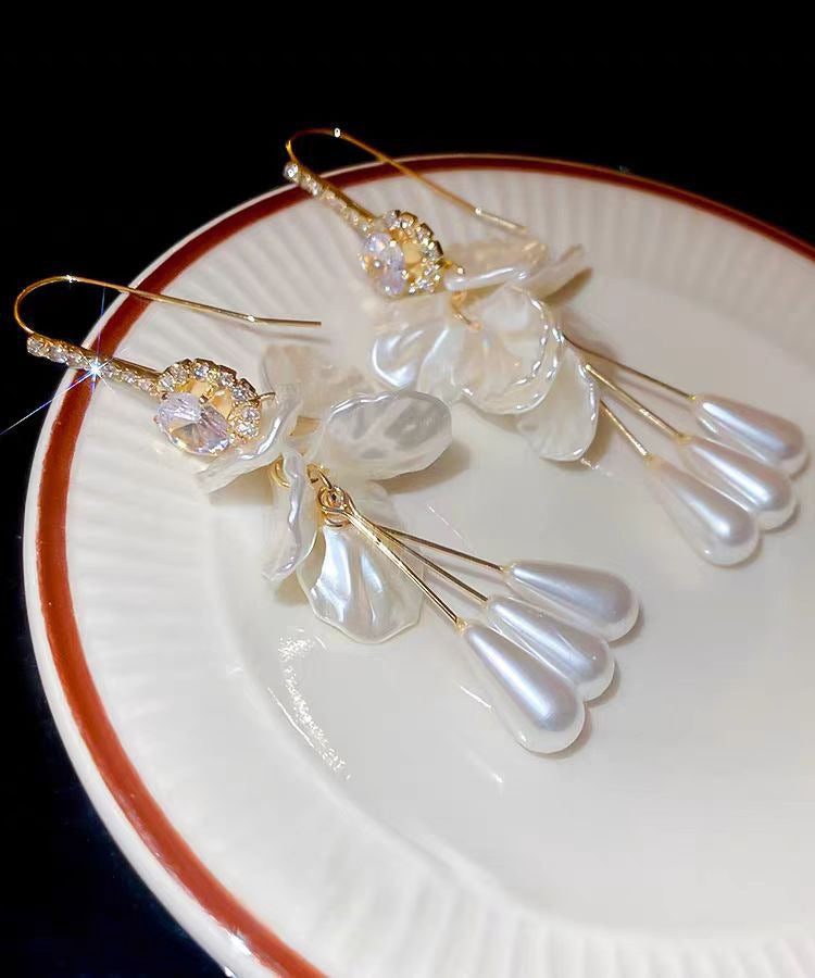 Tassel Drop Copper Zircon Pearl Acrylic Earrings Elegant Shell White