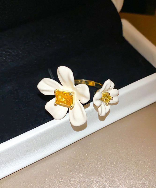 Rings Floral Zircon Open Copper Acrylic Elegant Overgild White