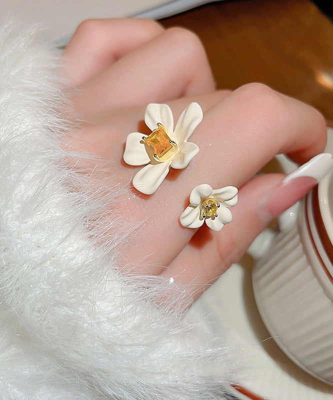 Rings Floral Zircon Open Copper Acrylic Elegant Overgild White