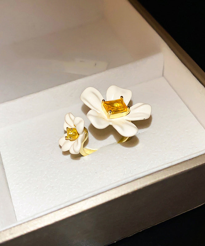 Rings Floral Zircon Open Copper Acrylic Elegant Overgild White