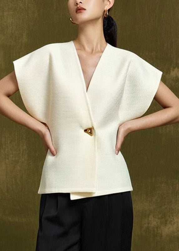 Elegant Summer Top Button Neck White V