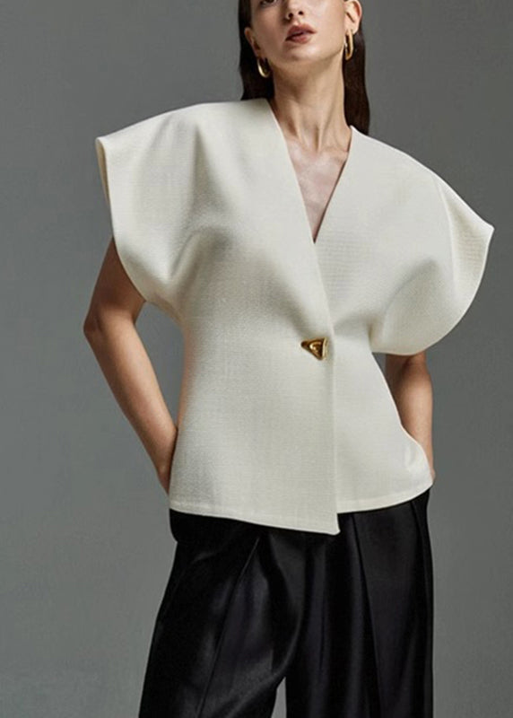 Elegant Summer Top Button Neck White V