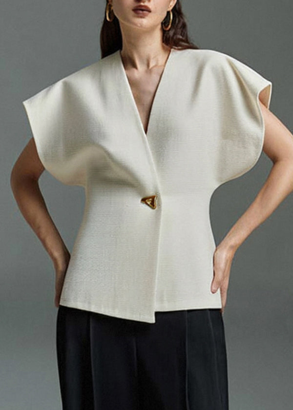 Elegant Summer Top Button Neck White V