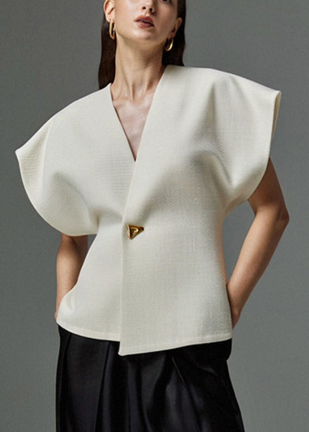 Elegant Summer Top Button Neck White V