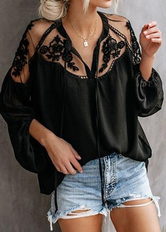 Lantern Neck Sleeve V Fashion Black Floral Chiffon Tops