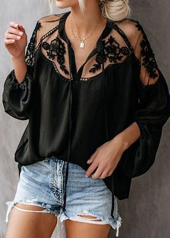 Lantern Neck Sleeve V Fashion Black Floral Chiffon Tops