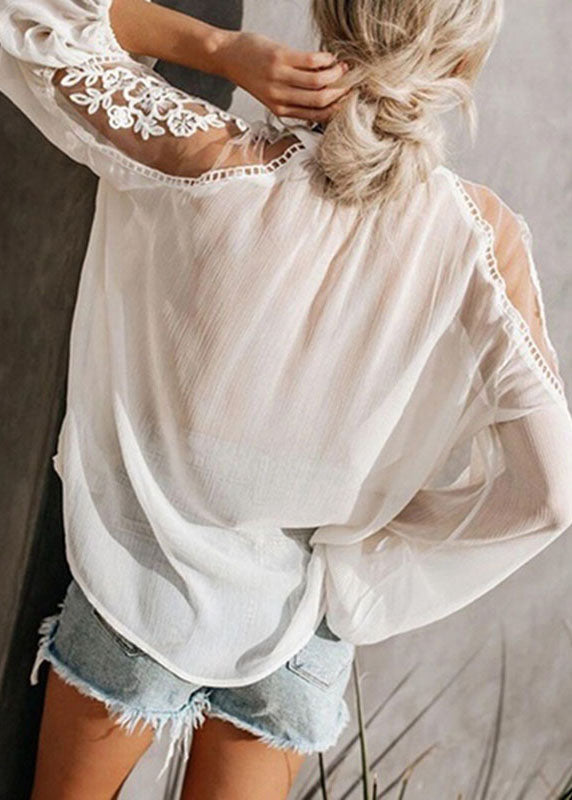 Lantern Neck Sleeve V Fashion Black Floral Chiffon Tops