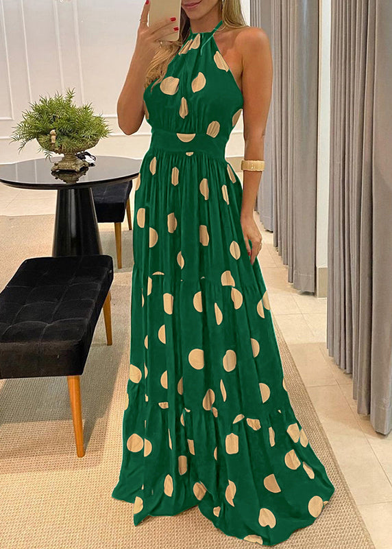 Print Fashion Backless Dress Halter Maxi Sleeveless Dot Green