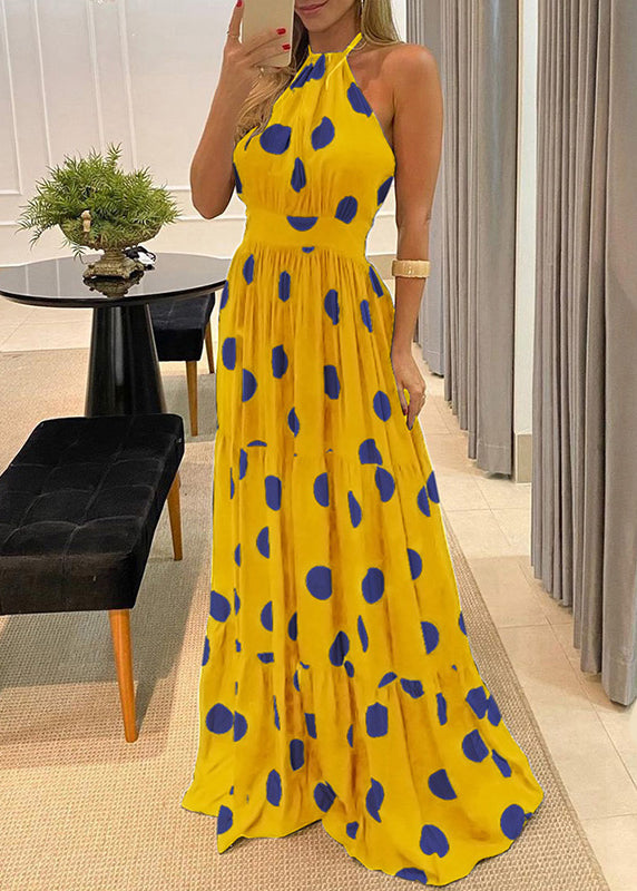 Print Fashion Backless Dress Halter Maxi Sleeveless Dot Green