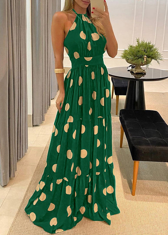 Print Fashion Backless Dress Halter Maxi Sleeveless Dot Green