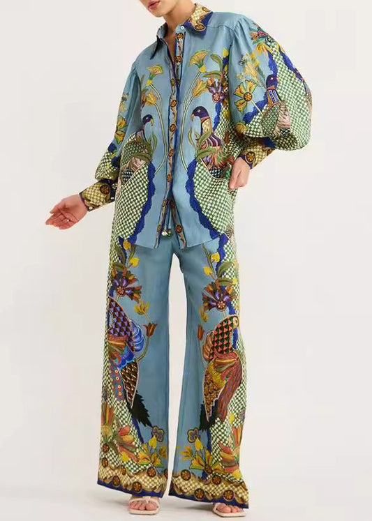 Set And Peter Print Collar Shirts Fashion Leg Pan Fall Two Green Wide Pieces Pants