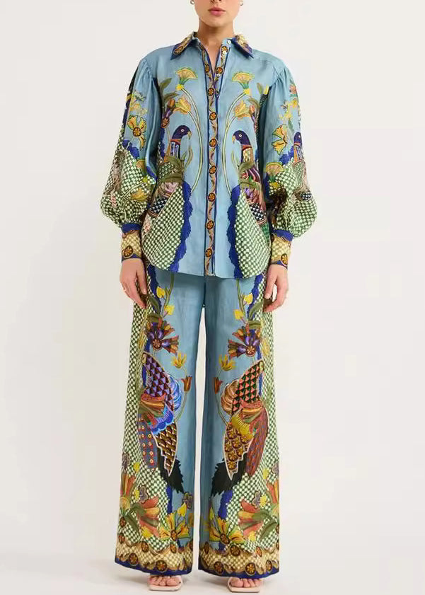 Set And Peter Print Collar Shirts Fashion Leg Pan Fall Two Green Wide Pieces Pants