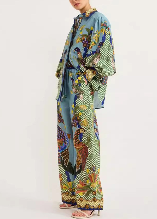 Set And Peter Print Collar Shirts Fashion Leg Pan Fall Two Green Wide Pieces Pants