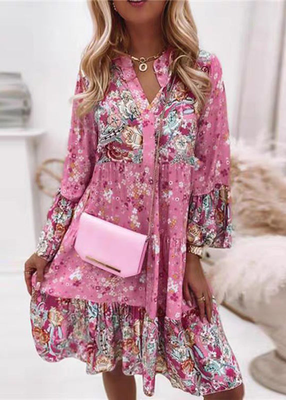 Mid V Dresses Wrinkled Pink Fall Neck Fashion Print
