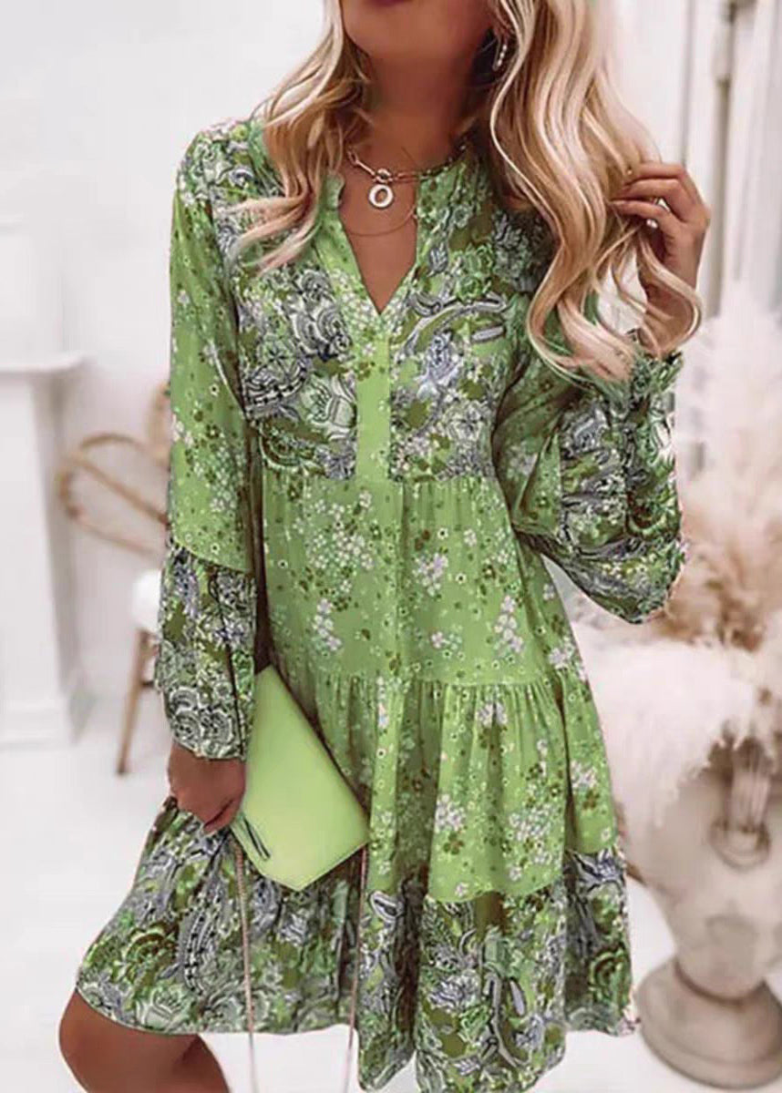 Mid V Dresses Wrinkled Pink Fall Neck Fashion Print