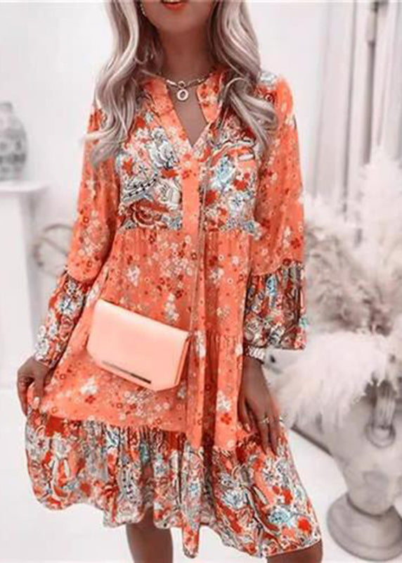 Mid V Dresses Wrinkled Pink Fall Neck Fashion Print