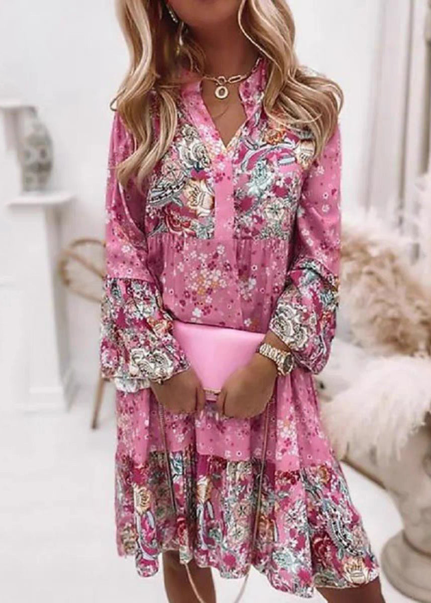 Mid V Dresses Wrinkled Pink Fall Neck Fashion Print