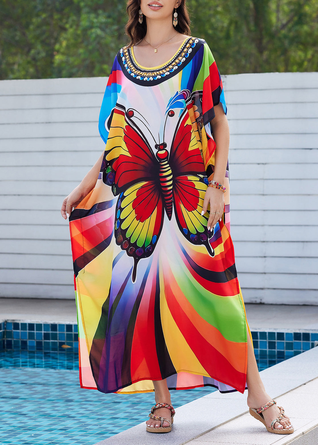 Dress Rainbow Open Summer Butterfly Fashion Print Maxi Side