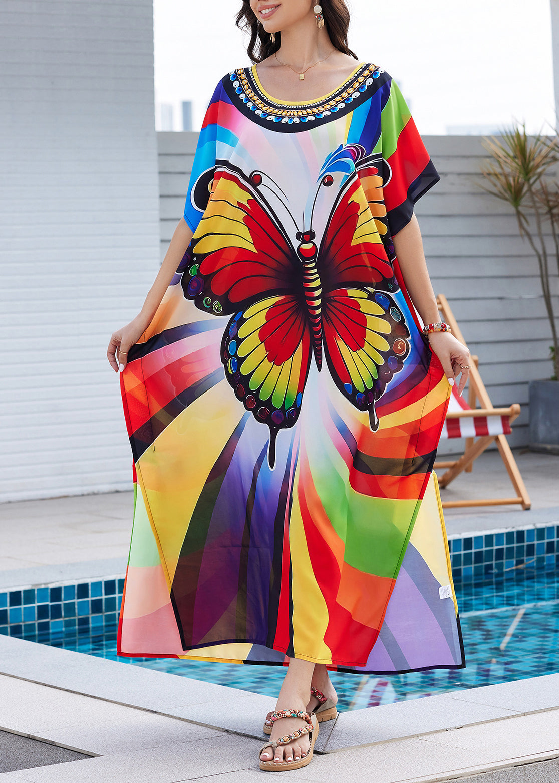 Dress Rainbow Open Summer Butterfly Fashion Print Maxi Side