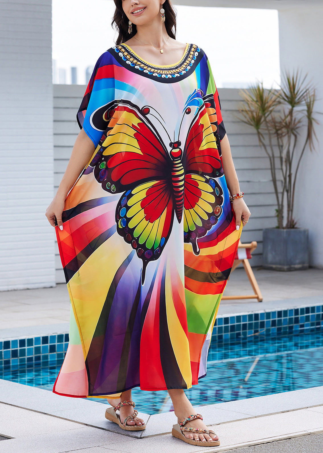 Dress Rainbow Open Summer Butterfly Fashion Print Maxi Side