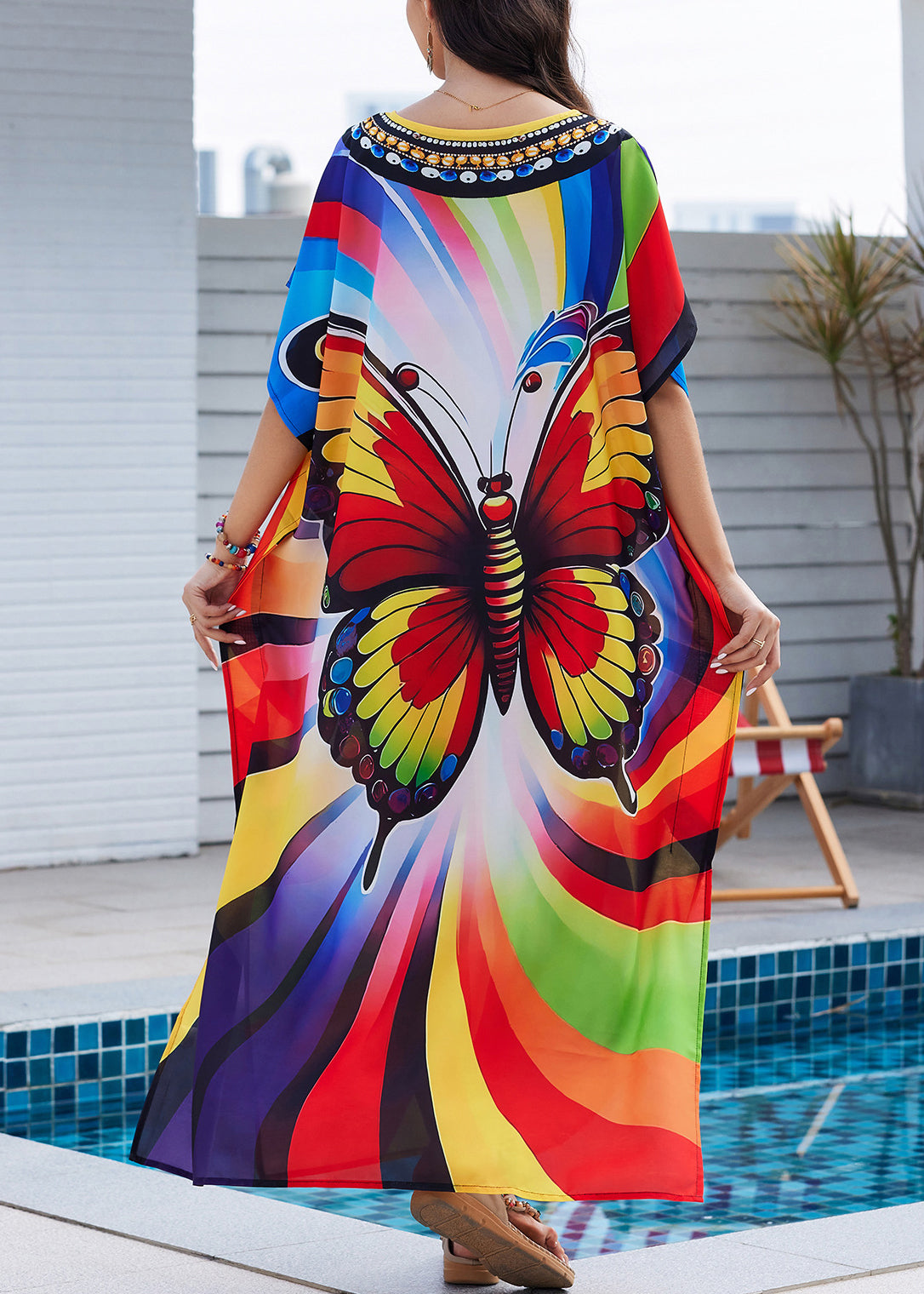 Dress Rainbow Open Summer Butterfly Fashion Print Maxi Side