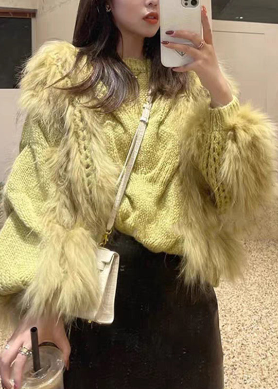 O-Neck Sweaters Fashion Knit Fall Fluffy Fur Fuzzy Yellow Cotton Cozy