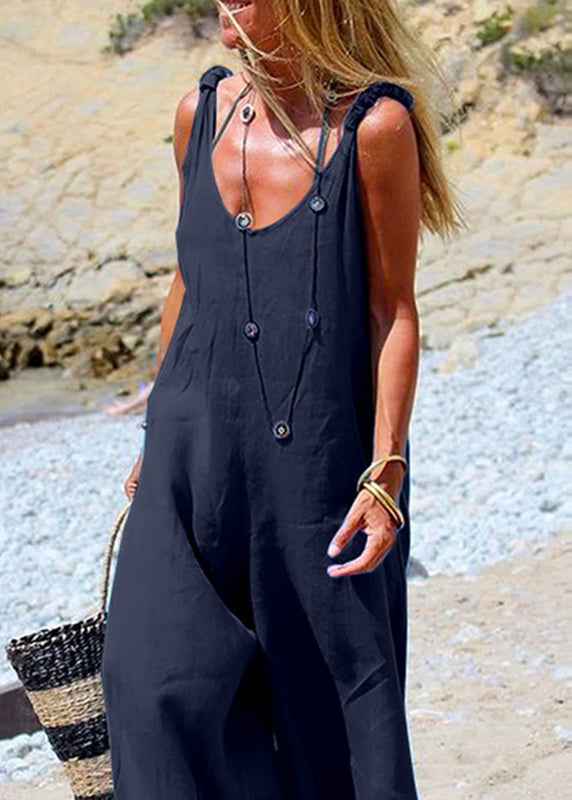 Female Blue Sleeveless Wide leg Jumpsuit Navy Side Button